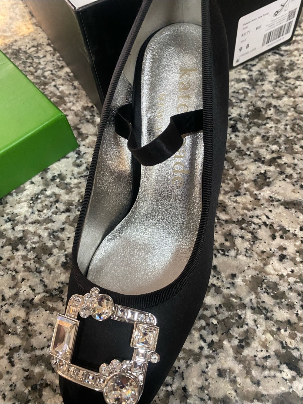 kate spade Black Satin Jeweled Square-Toe Pump